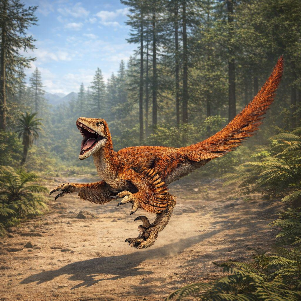 Deinonychus feathered dinosaur running through a dense forest with tall trees and ferns. The creature has reddish-brown and orange feathers, a long tail, and an open mouth showing its teeth.