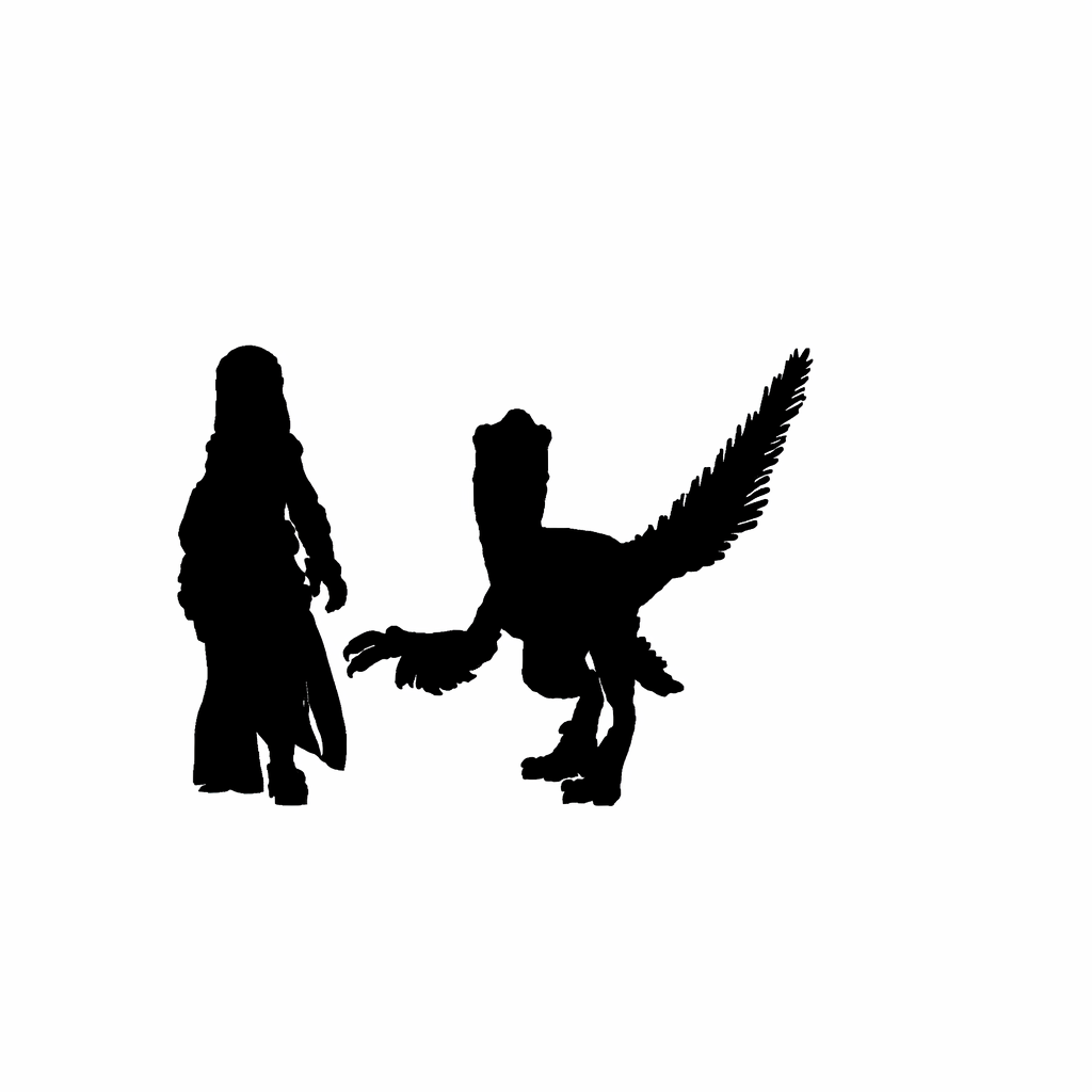 Silhouette scale comparison of Deinonychus feathered to a 28mm human figure.