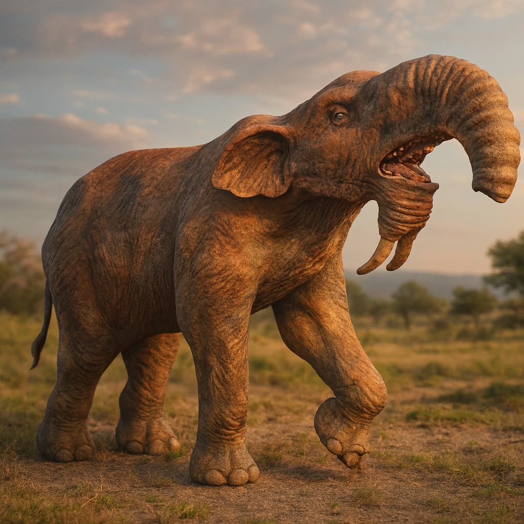 A Deinotherium walking in a grassy outdoor landscape at sunset, with its trunk raised and mouth open.