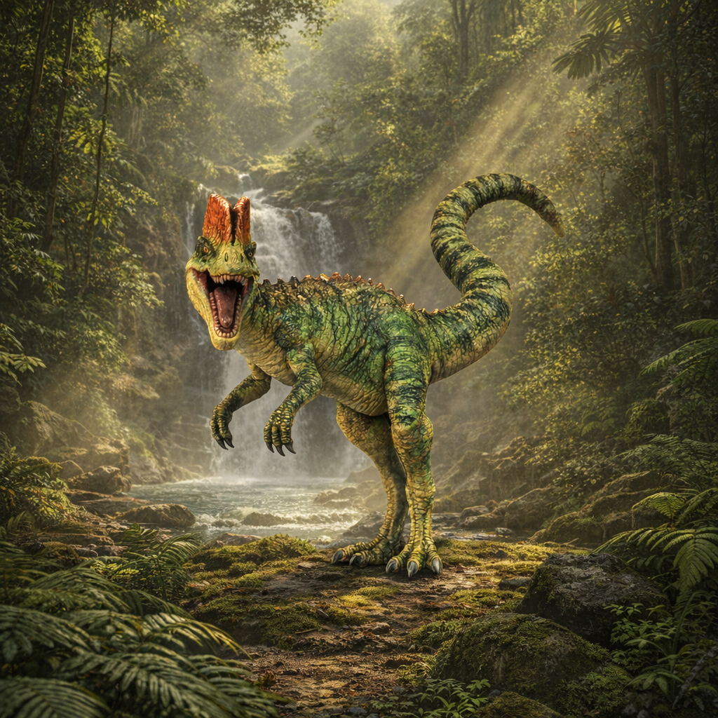 A green and yellow striped Dilophosaurus dinosaur stands in a lush prehistoric forest with ferns, moss, and a waterfall in the background.
