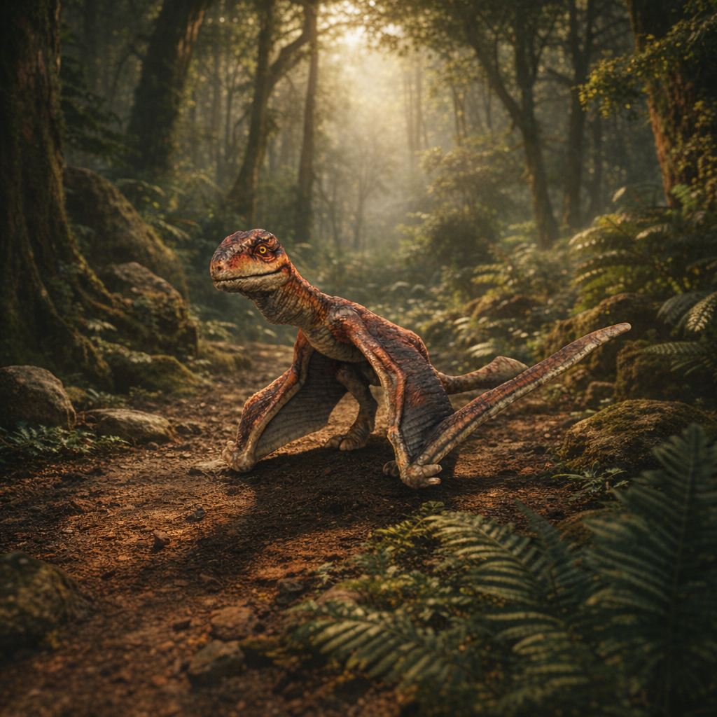 Dimorphodon Dinosaur in a forest with sunlight filtering through the trees