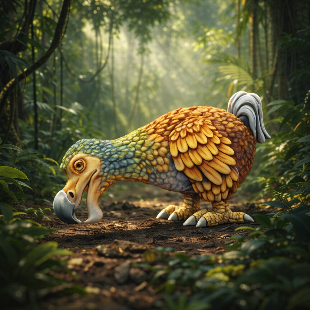 A Dodo bird with a long beak, golden-orange feathered body, blue-green head, and gray tail, standing on a forest path in a lush jungle.