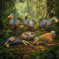 Five Dodos in a lush green forest setting, with a nest of eggs on the forest floor.