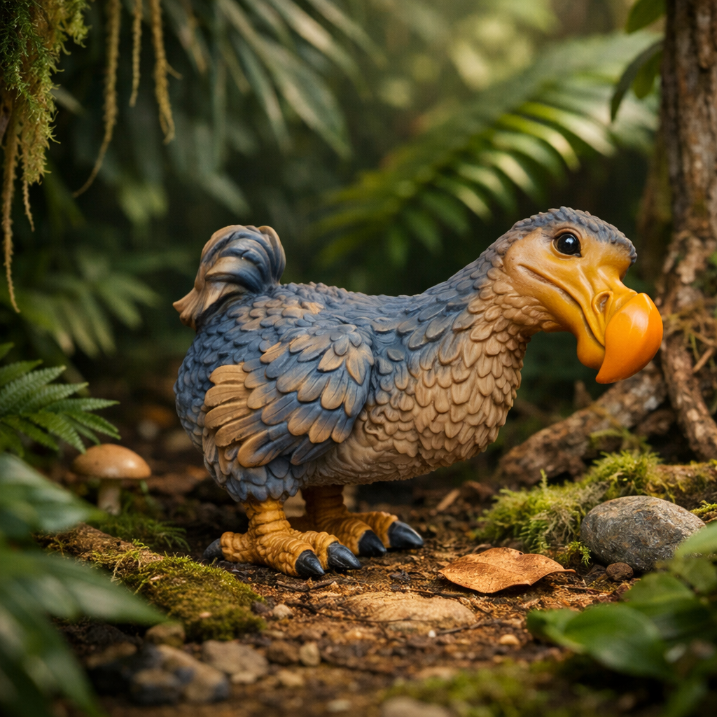 A Dodo with blue-gray feathers, tan underparts, and a bright orange beak, standing on a forest floor with moss, leaves, and rocks around it.