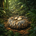 A dodo egg nest sits on a forest floor path surrounded by lush green foliage.