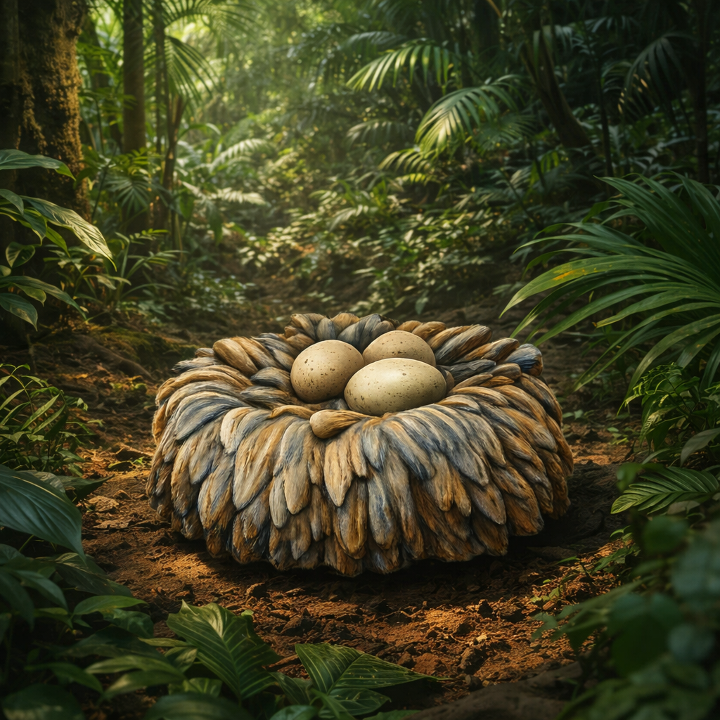 A dodo egg nest sits on a forest floor path surrounded by lush green foliage.