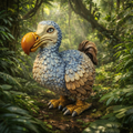 A dodo stands on a forest floor surrounded by dense green foliage. The bird has blue-gray feathered body, tan and brown wings, a bright orange beak, and yellow-brown legs with gray claws.