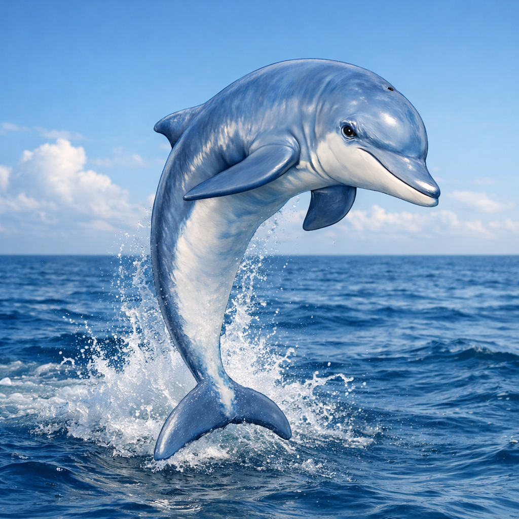 A blue and white dolphin leaping out of the ocean with a splash, set against a blue sky and sea background.