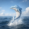 A blue and white dolphin leaps out of the ocean with a dramatic splash under a bright blue sky with light clouds.