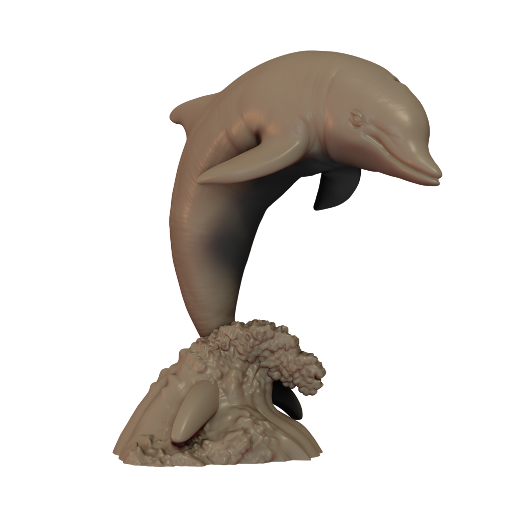 A 3D printed miniature of a dolphin jumping out of the waves, made of resin and supplied unpainted.