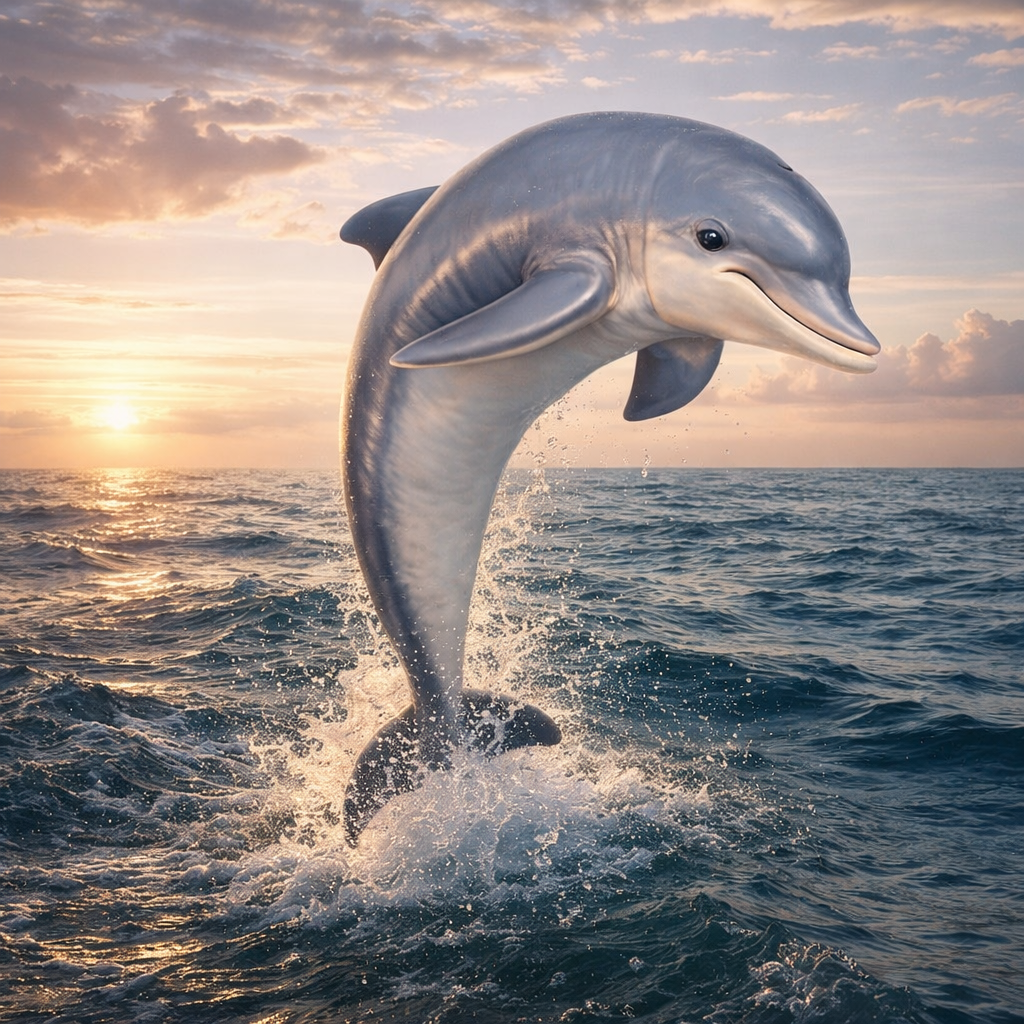 A dolphin leaps out of the ocean at sunset, with waves and a cloudy sky in the background.