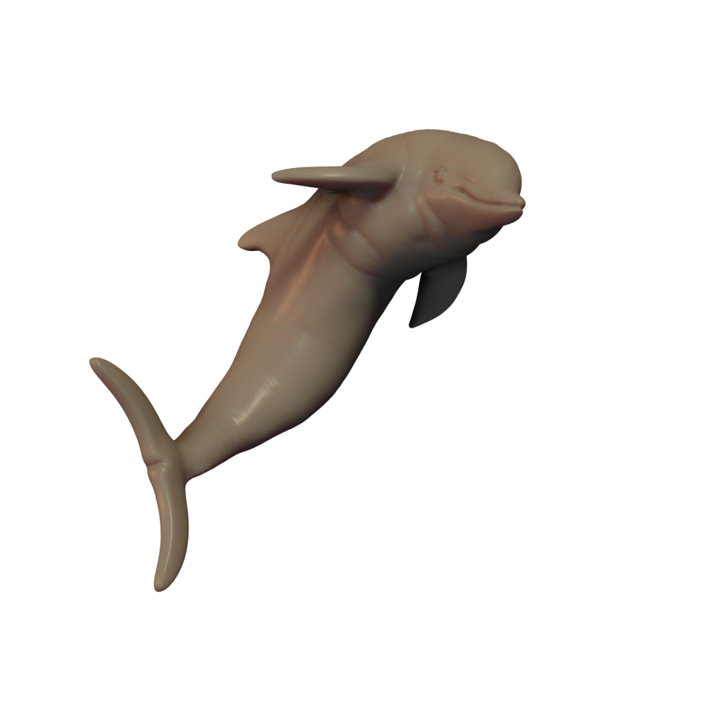 3D printed miniature resin model of a dolphin, unpainted and without a base.