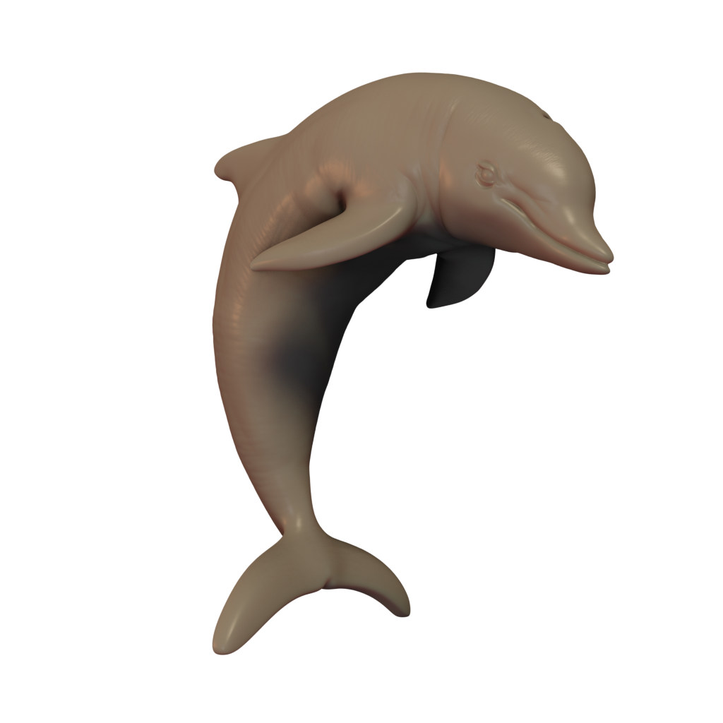 3D printed miniature of a dolphin, unpainted, in a dynamic pose indicative of motion or action.