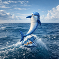 A blue and white dolphin  rising from a wave in an ocean scene under a cloudy blue sky.
