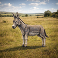 A gray donkey standing in a grassy field under a blue sky with clouds.