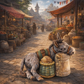 A fantasy-style marketplace scene with a gray donkey resting beside a woven basket and green patterned pouches in the foreground, with market stalls, barrels, and distant towers along the street.