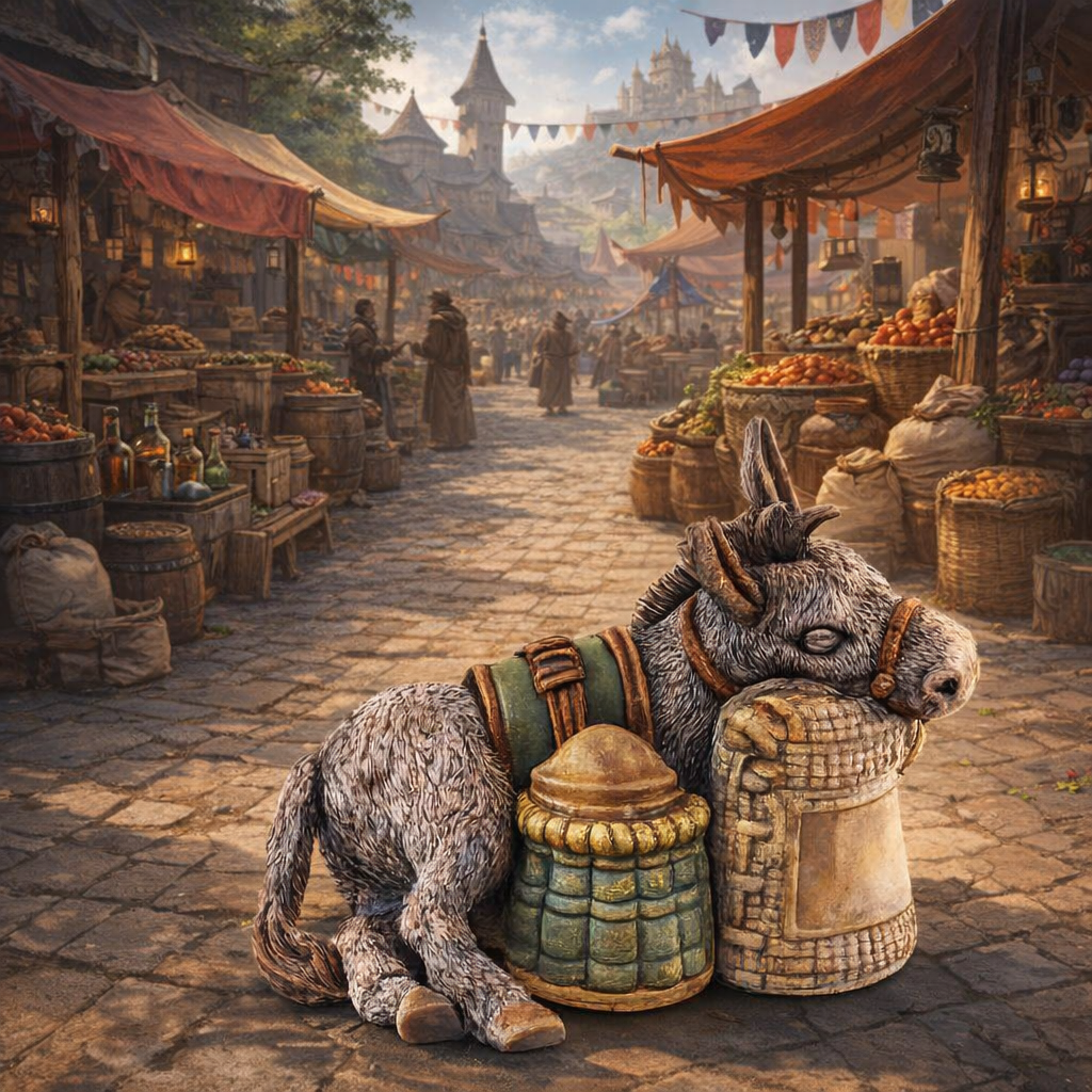 A fantasy-style marketplace scene with a gray donkey resting beside a woven basket and green patterned pouches in the foreground, with market stalls, barrels, and distant towers along the street.