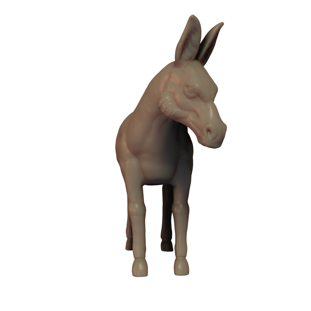 A 3D printed miniature of a donkey, unpainted, in a standing pose.