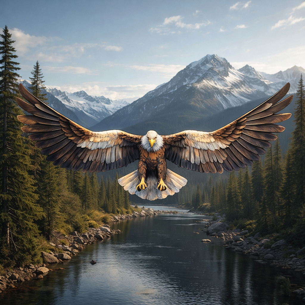 A large bald eagle with wings spread flies over a river valley, with snow-capped mountains and evergreen trees in the background.