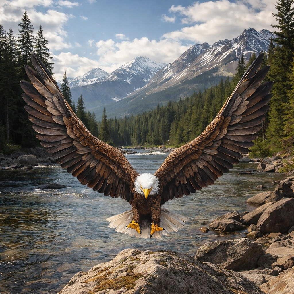 A bald eagle with wings spread wide flies over a rocky river in a mountain landscape with pine trees and snow-capped peaks in the background.