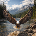 A bald eagle with wings spread wide flies over a rocky river in a mountain landscape with pine trees and snow-capped peaks in the background.