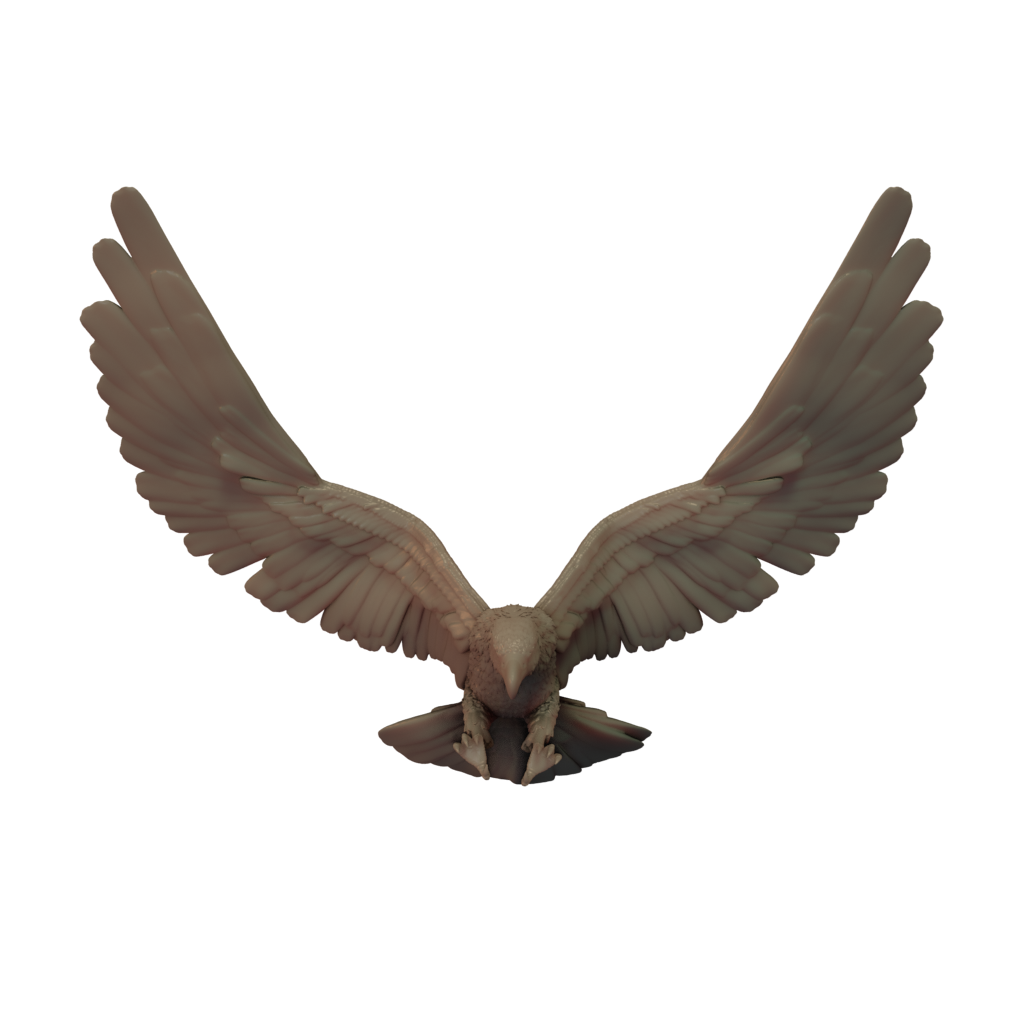 3D printed miniature resin model of an eagle in a flying pose, unpainted and without a base.