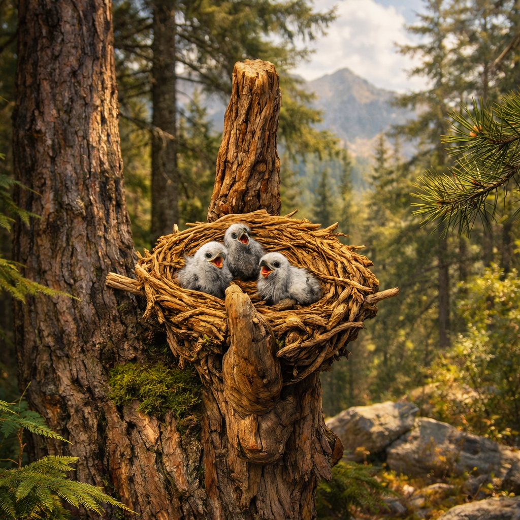 Eagle next with 3 chicks sitting in a twig nest attached to a large tree trunk, with a forest and mountains in the background.
