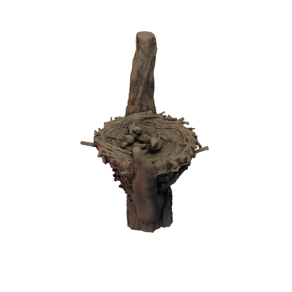 A resin 3D printed miniature of an eagle nest with chicks perched on a branch.