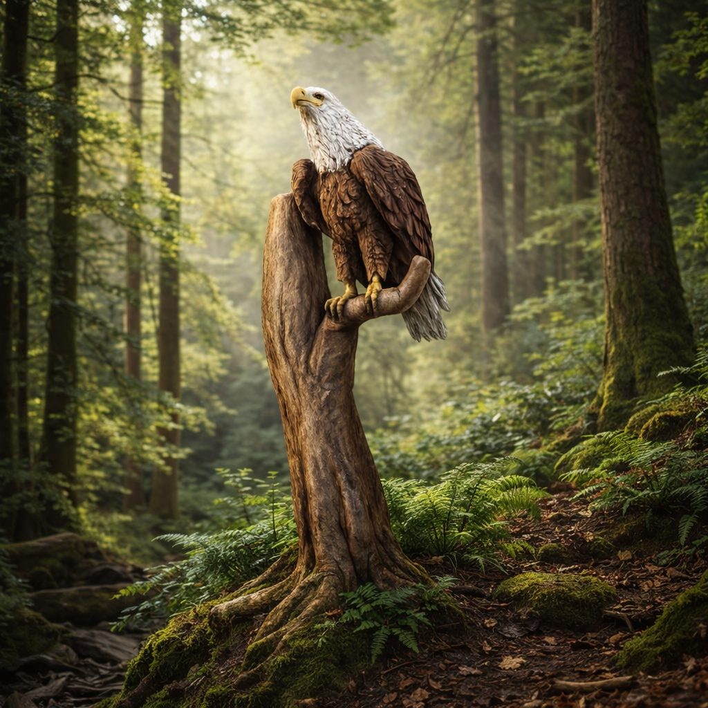 Eagle perched on a tree trunk in a lush forest