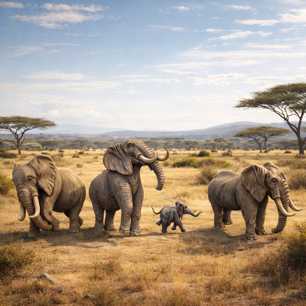 A family of four African elephants walking across a dry grass savanna landscape under a blue sky with scattered clouds.