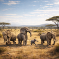 A family of four African elephants walking across a dry grass savanna landscape under a blue sky with scattered clouds.