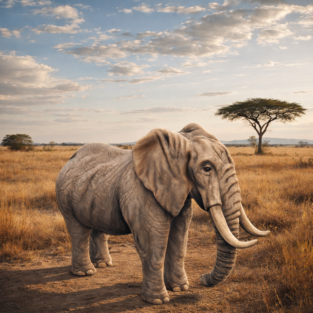 A large African elephant stands in a dry grass savanna landscape under a blue sky with scattered clouds, with a tree in the background.