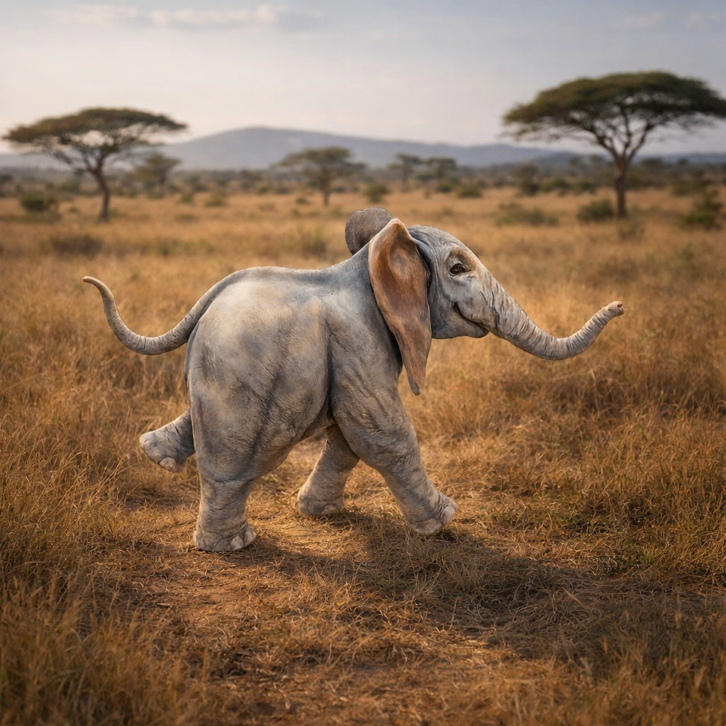 A baby elephant walking through a dry grass savanna with acacia trees and distant hills under a pale sky.