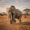 An elephant standing in a dry grass savanna landscape with trees, mountains, and a cloudy sky.