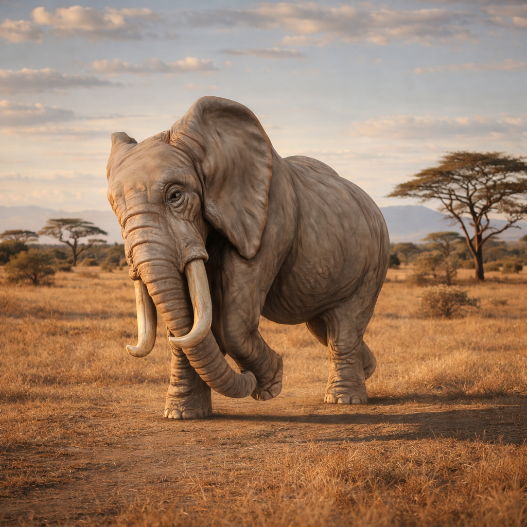 An elephant standing in a dry grass savanna landscape with trees, mountains, and a cloudy sky.