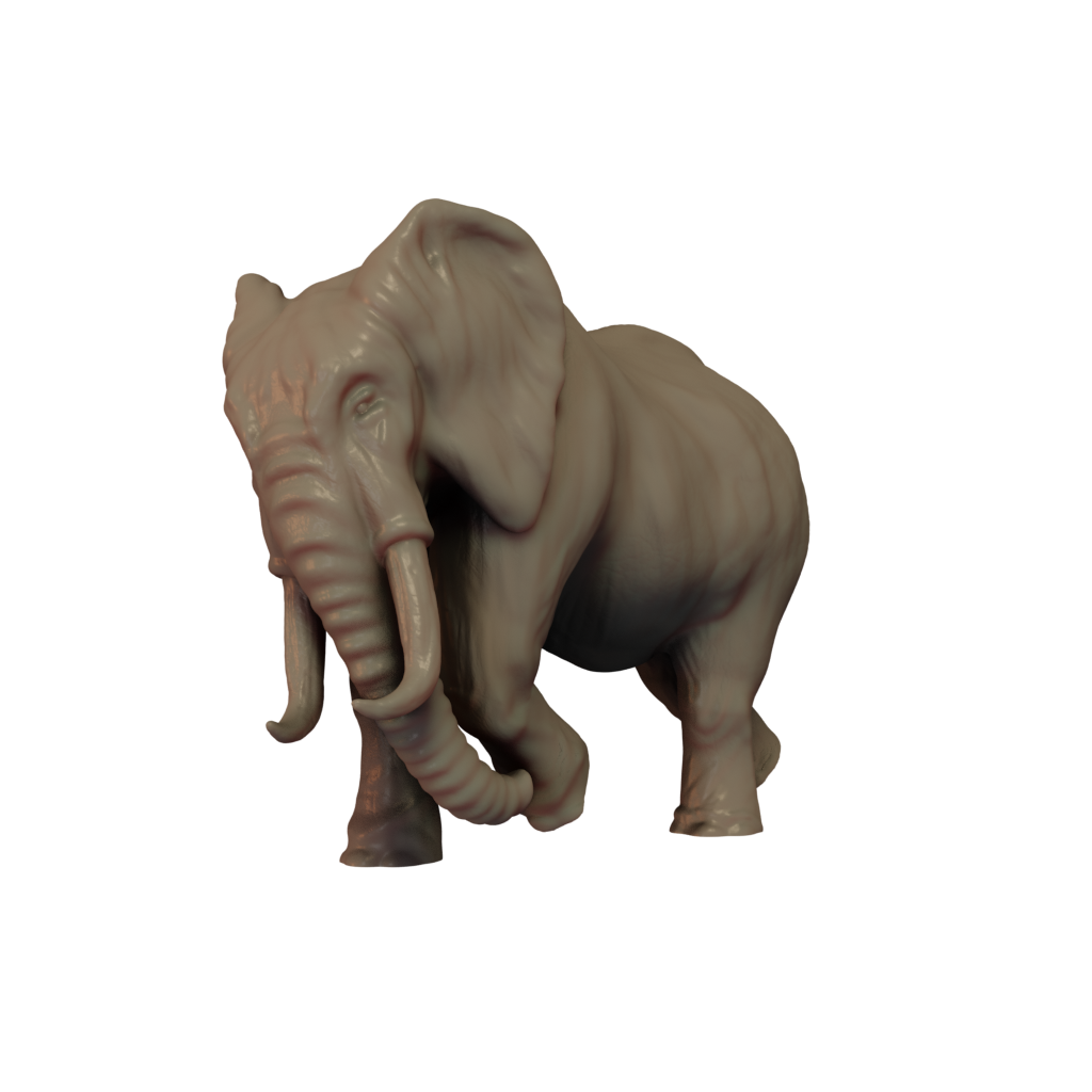 A 3D printed miniature of an elephant in a charging pose, made of resin and shown unpainted.