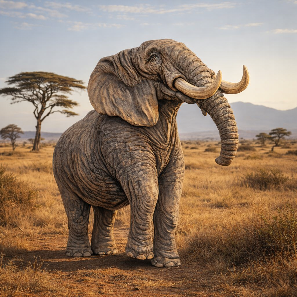 A large African elephant stands in a dry grassland with scattered trees and distant mountains under a pale sky. The elephant has wrinkled gray skin and long curved ivory tusks.