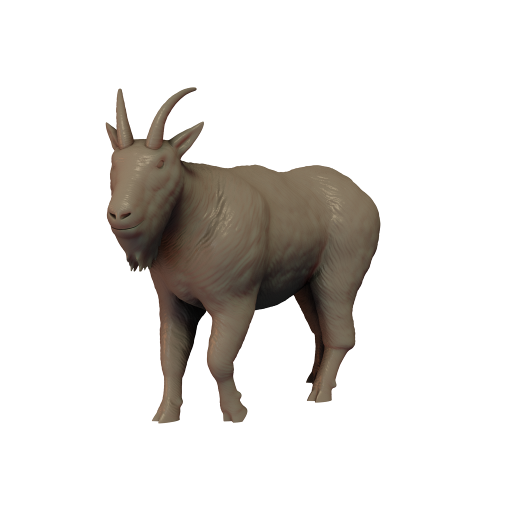 3D printed miniature resin model of a Feral Goat in a beige color, posed with a gentle expression, depicted without a base or painting.