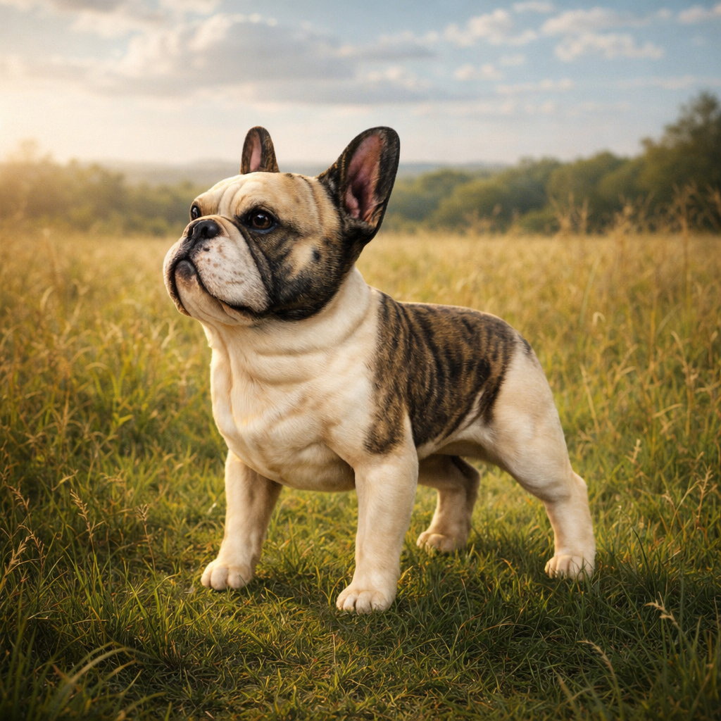 A French bulldog standing in a grassy field under a cloudy sky, with warm sunlight and a blurred natural background.