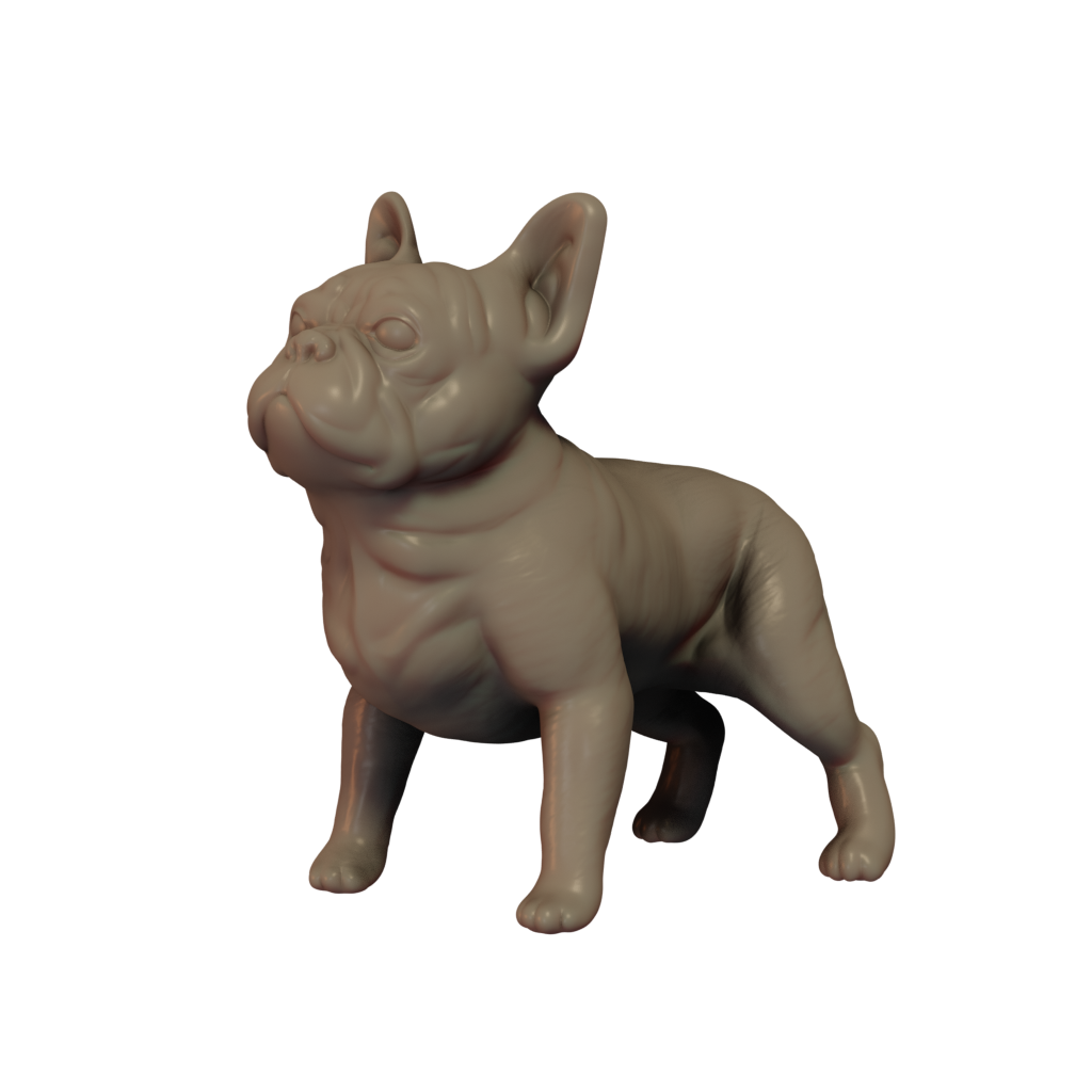 A 3D printed miniature of a French Bulldog, unpainted and without a base, positioned in a standing pose.