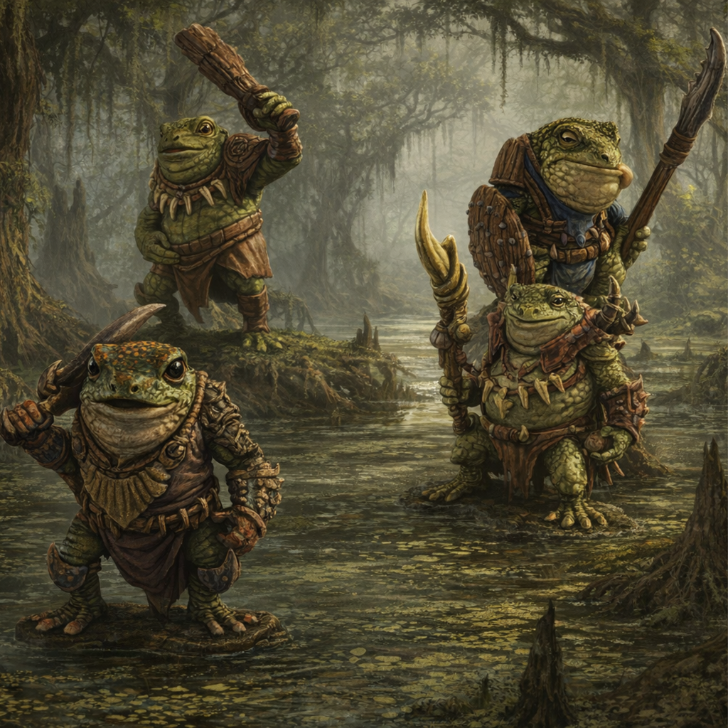 Four Frogfolk  in a swamp setting.