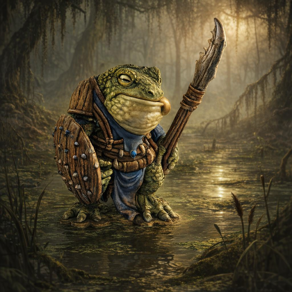 Frog warrior holding a spear and shield in a swamp setting
