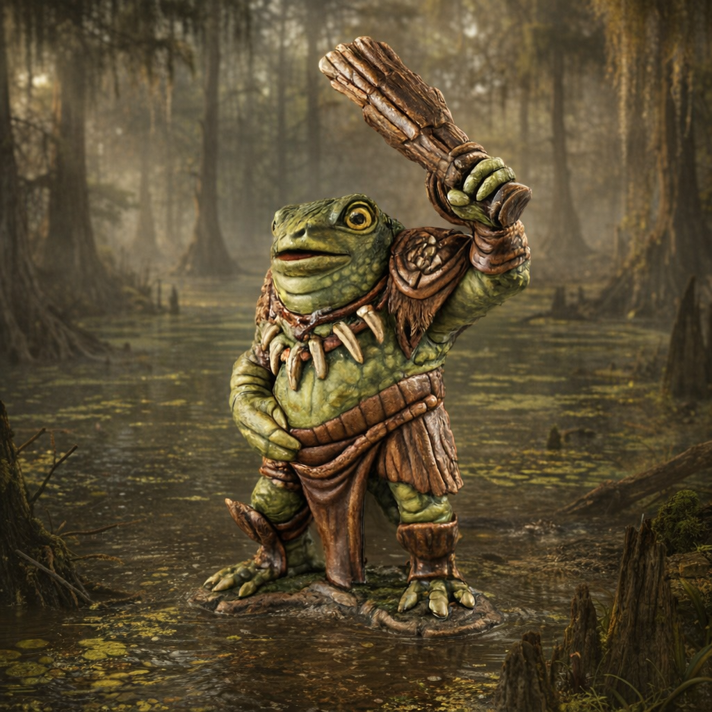 Frogfolk with club in a swamp