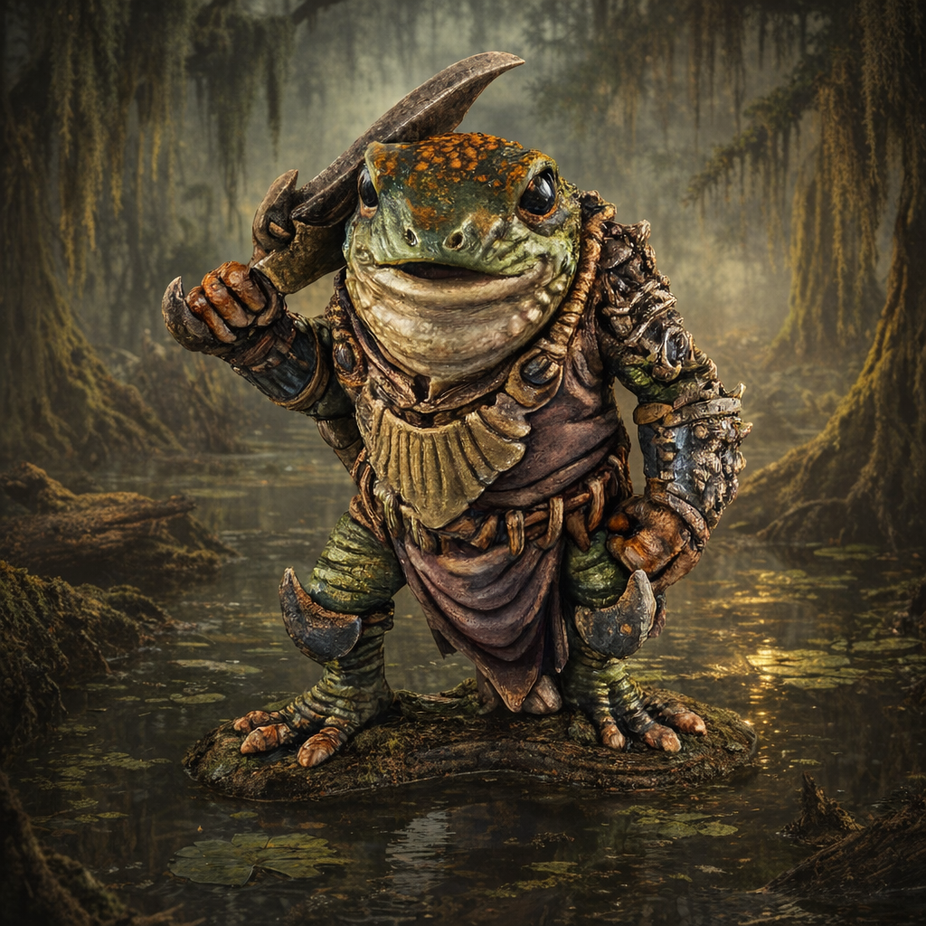 Frogfolk in fantasy armor holding a sword in a swamp setting