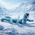 A blue, Frost Salamander with an open roaring mouth lies on a snowy icy landscape with mountains in the background.
