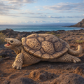 Galapagos Tortoise on a rocky landscape with ocean and sky in the background