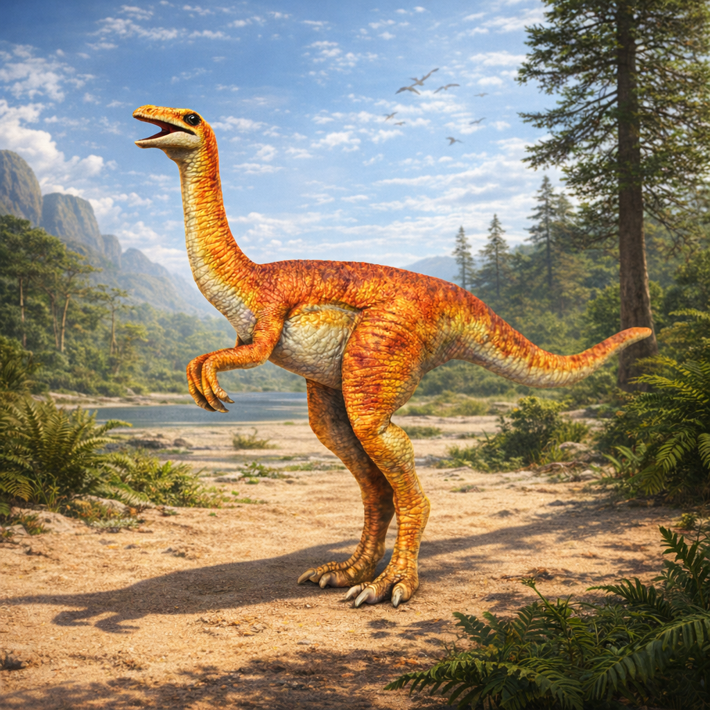 Gallimmus Dinosaur standing in a prehistoric landscape with trees and mountains in the background