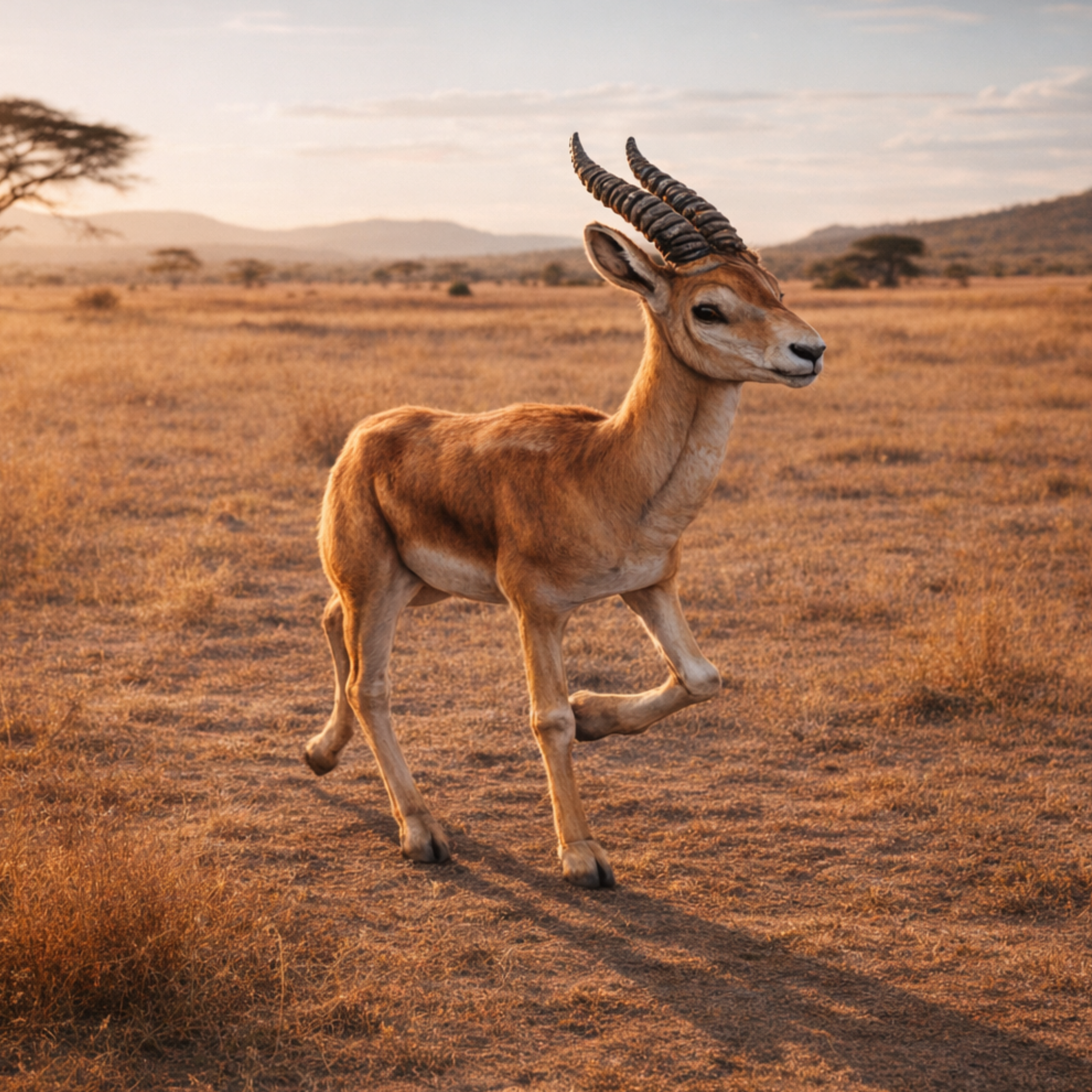 Gazelle running in a savannah landscape with a sunset sky