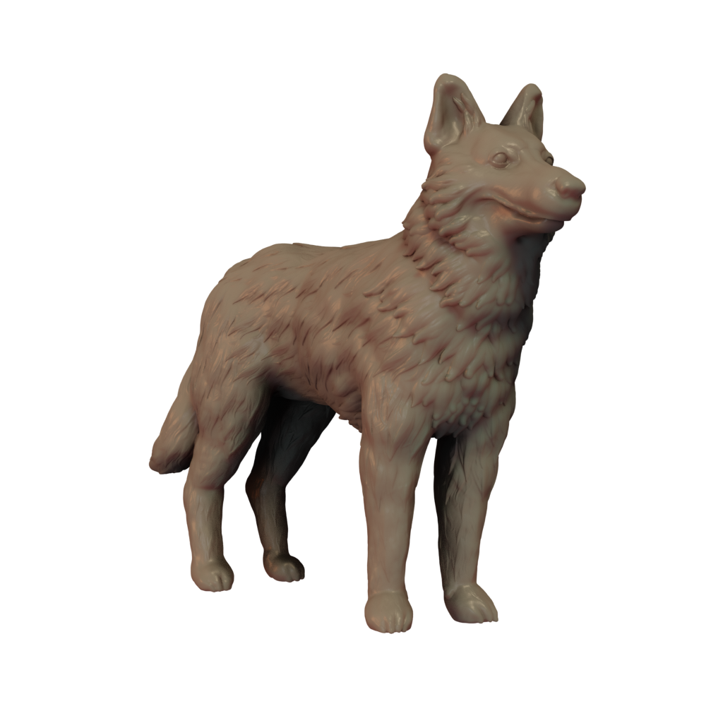 3D printed miniature resin model of a German Shepherd without a base, in brown color, depicted from a side angle.