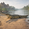 Gharial Crocodile on a riverbank with a historical building in the background